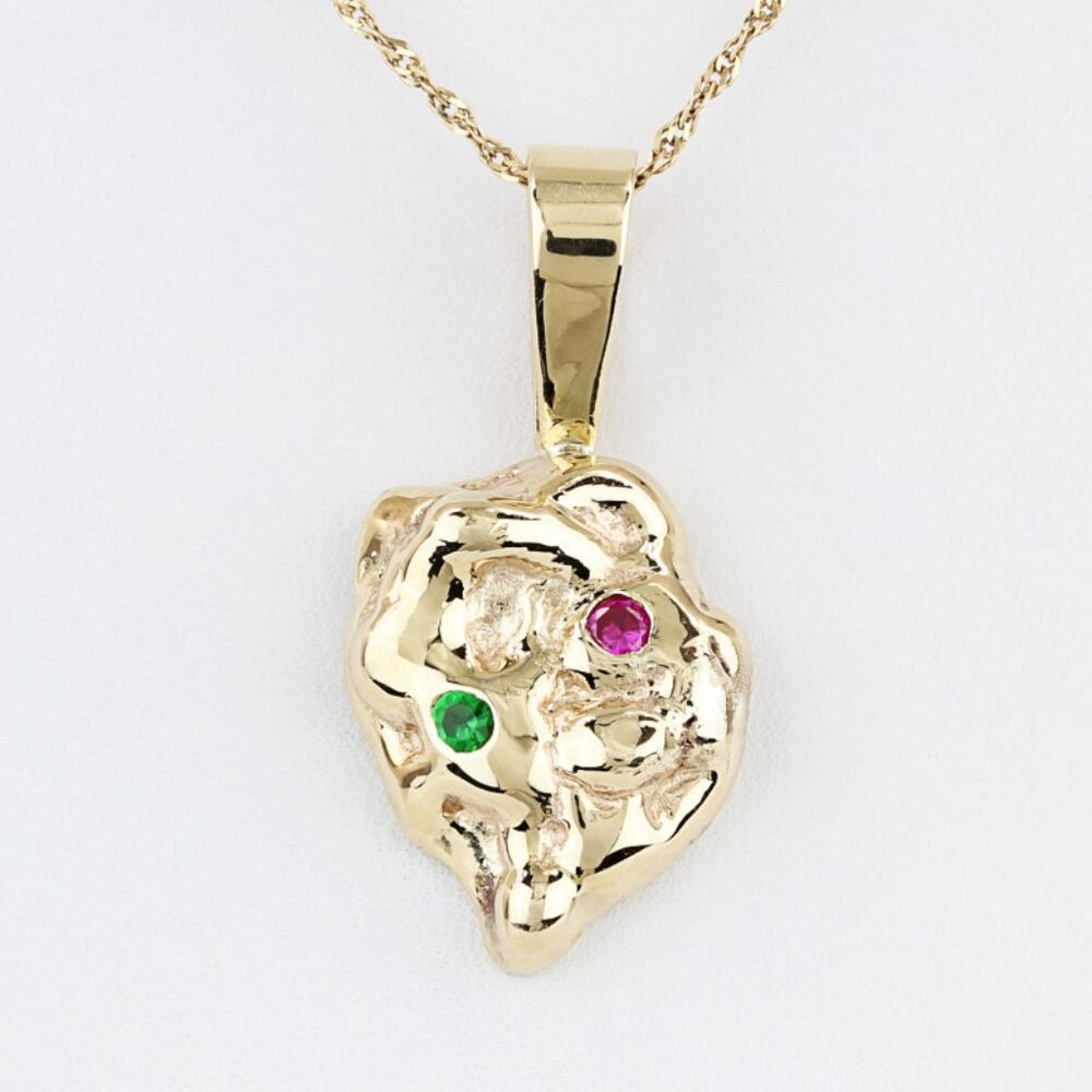 14K Yellow Gold Nugget Pendant Charm W/ Emerald & Pink Sapphire Gemstones